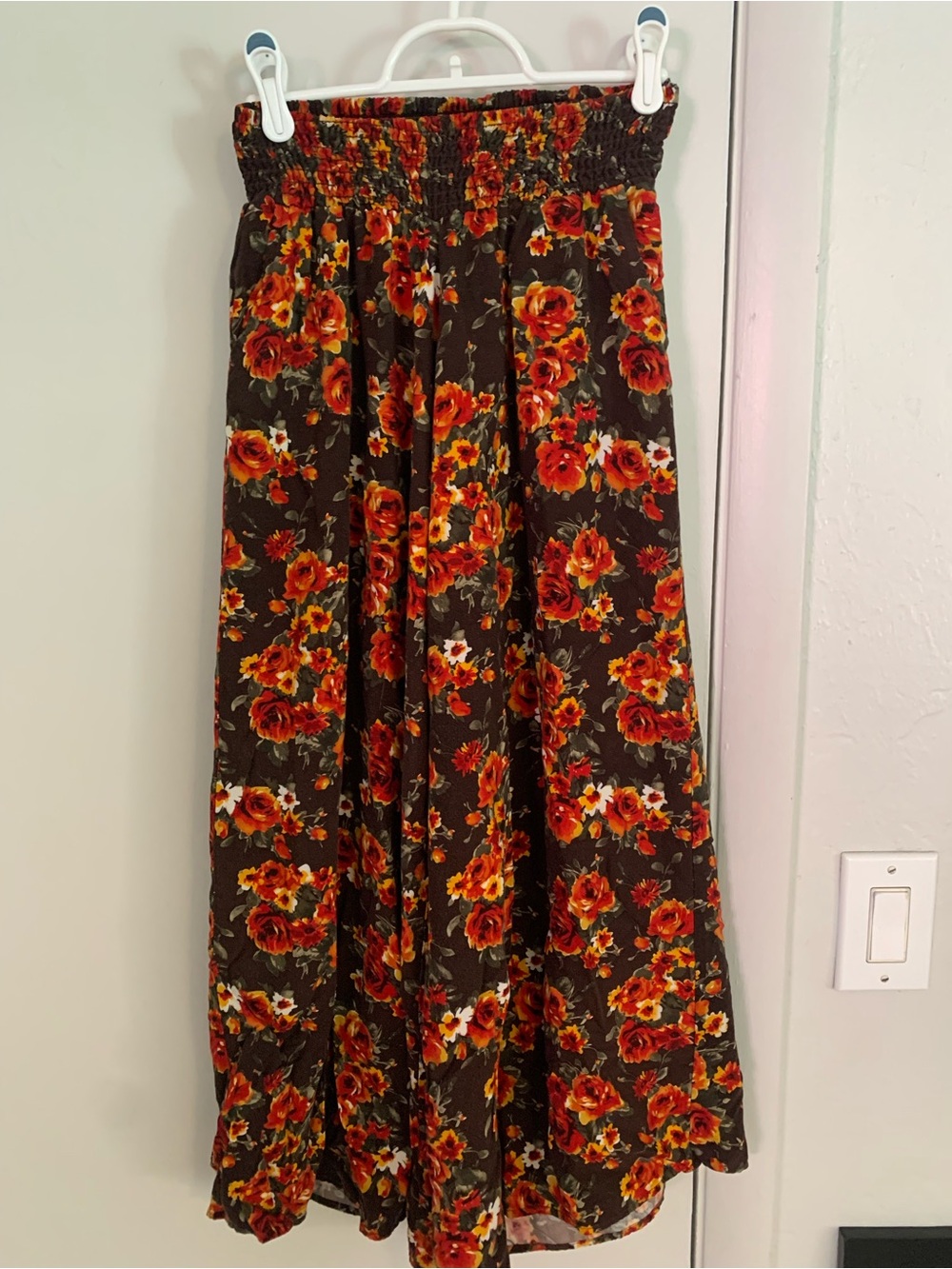 Floral Smocked Waist Palazzo cropped pant  - Brown with Red Floral